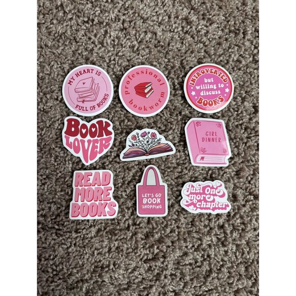 Lot of 9 bookish sticker pack pink theme‎ floral hearts book lover introvert - Picture 1 of 4